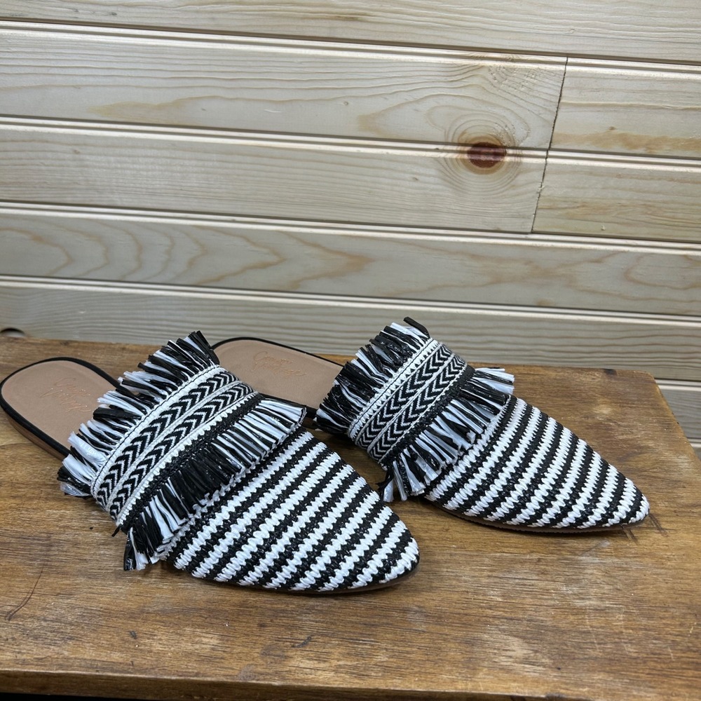 Crown Vintage Black White Striped Woven Fringe Pointed Toe Mules Flats Womens 9